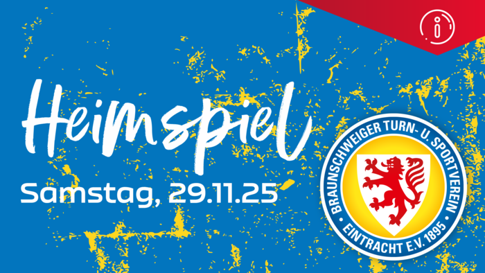 Neben dem Eintracht-Logo steht in weiß auf gelb-blauem Grund: Heimspiel Samstag, 29.11.25
