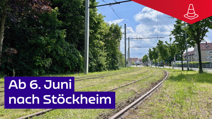 Gleisanlagen im Rasenbett, klein im Hintergrund die Leipziger Straße. Text: Ab 6. Juni nach Stöckheim