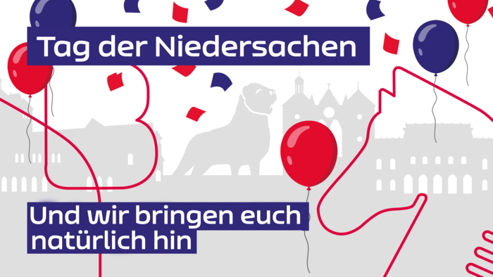 Schrift: Tag der Niedersachsen und wir bringen euch natürlich hin