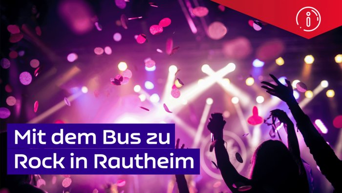 Silhouetten feiernder Menschen vor lila und gelben Lichter. Darauf Text: Mit dem Bus zu Rock in Rautheim