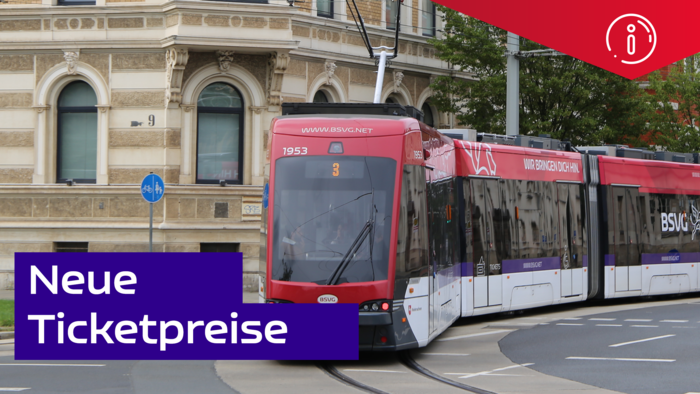 Eine Straßenbahn der BSVG fährt um die Ecke. Daneben steht: Neue Ticketpreise
