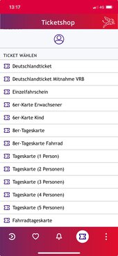 Aus der Liste im Ticketshop kann das benötigte Ticket ausgewählt werden. Screenshot_Ticketshop