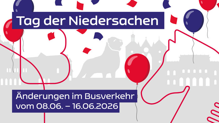 BRaunschweig-Slhouette in hellgrau auf weiß. Eine rote Linie formt ein B und einen Pferdekopf. In weißer Schrift auf blauem Grund: Änderungen im Busverkehr von 8.6. bis 16.6.