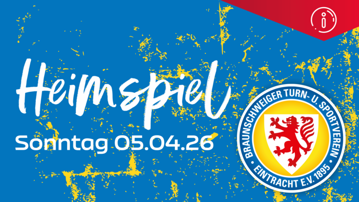 Weißer Text auf blau-gelbem Untergrund: Heimspiel, Sonntag, 5.4.2026