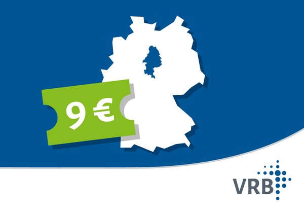 Eine Abbildung der Deutschlandkarte, in der das Verbundgebiet des VRB hervorgehoben ist. Darauf steht fett "9 Euro".
